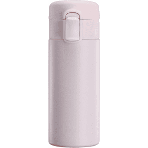 A drink bottle in soft pink with a secure lid and a logo on the side.