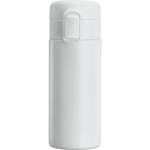 A drink bottle in white with a click-open lid and a sleek design. It features a logo on the side.