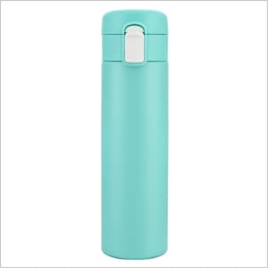 A turquoise vacuum drink bottle with a flip-top lid and a simple design. It has a logo on the side.