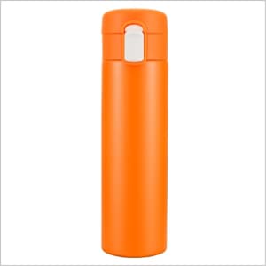 A drink bottle in bright orange with a white flip-top lid and a smooth, glossy finish, featuring a logo.