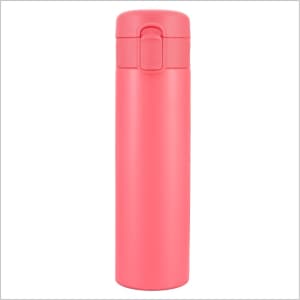 A drink bottle in vibrant pink, featuring a secure lid and a smooth finish. The bottle has a logo on its surface.