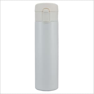 A drink bottle in a sleek silver finish with a beige lid and a simple logo.
