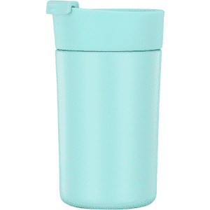 A drink bottle in a soft mint colour with a secure lid and a simple, sleek design. Features a logo.