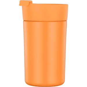 A drink bottle in a vibrant orange colour with a fitted lid and a smooth finish. It features a logo.