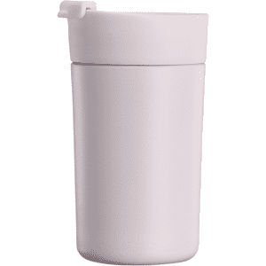 A drink bottle in soft pink with a lid and a simple design. It features a logo on the front.