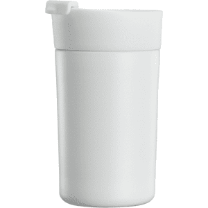 A drink bottle in white with a lid, featuring a sleek cylindrical design and an attached drinking spout.