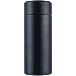 A drink bottle in sleek black with a smooth finish and a lid, featuring a minimalist design.
