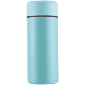 A drink bottle in a light blue colour with a sleek, smooth finish and a black band around the top.