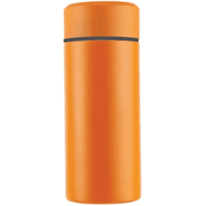 A drink bottle in vibrant orange, featuring a sleek design and a black accent line. It has a logo on its surface.