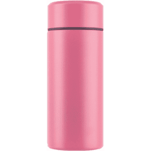 A drink bottle in a vibrant pink colour with a smooth finish, featuring a logo on its surface.