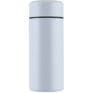 A drink bottle in pale blue with a sleek, cylindrical design and a black accent near the top.