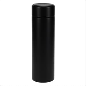 A drink bottle in sleek black with a cylindrical shape and a rounded lid, featuring a logo on the surface.