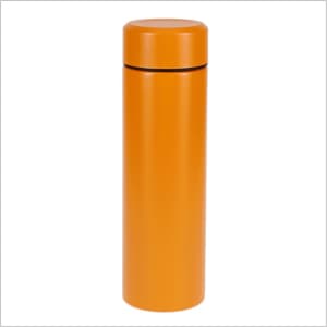 An orange thermo drink bottle with a simple cylindrical design and a matching cap. It features a logo on the body.