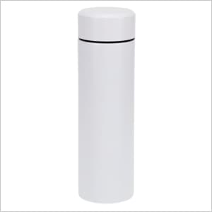 A white thermo drink bottle with a smooth finish and a black accent band near the top, featuring a logo.