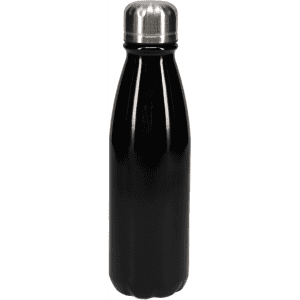 A drink bottle in sleek black with a stainless steel cap and a streamlined design.