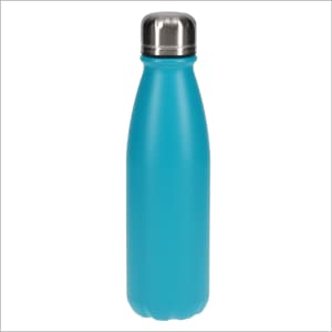 A drink bottle in a vibrant aqua blue with a stainless steel lid and a sleek, smooth design.