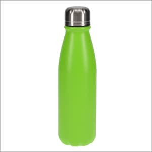 A drink bottle in bright green with a stainless steel lid and a sleek design. It features a logo on the surface.