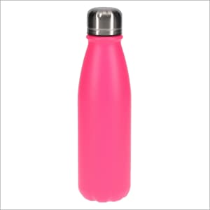 A drink bottle in bright pink with a stainless steel cap and a smooth, matte finish.
