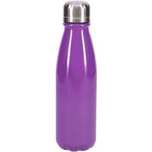 A drink bottle in vibrant purple with a stainless steel lid and a sleek, modern design. It features a logo.