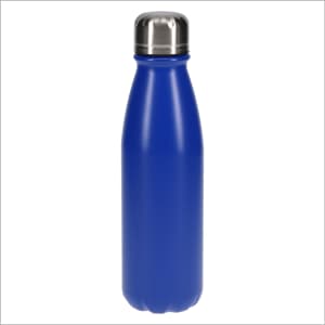 A drink bottle in a vibrant blue colour with a stainless steel cap. It features a sleek, cylindrical design.