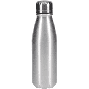 A drink bottle in silver stainless steel with a tapered design and a screw-top lid. It features a logo.