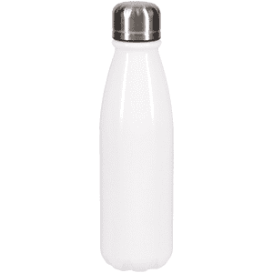 A drink bottle in white with a stainless steel lid and a sleek, modern design.