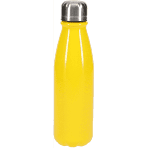 A drink bottle in vibrant yellow with a stainless steel cap. The bottle has a sleek, modern design and a glossy finish.