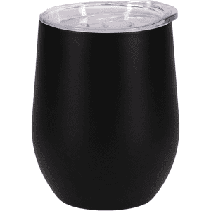 A drink bottle in matte black with a clear lid and a rounded shape. It features a logo.