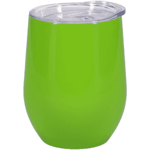 A drink bottle in vibrant green with a clear lid and a smooth, rounded shape. It features a branding logo.