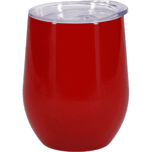 A drink bottle with a sleek, rounded design in bright red, featuring a clear plastic lid.