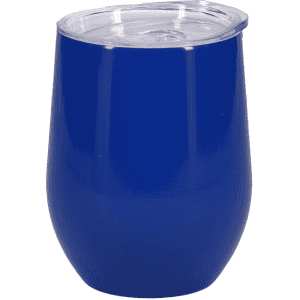 A drink bottle in a vibrant blue shade with a clear, plastic lid. Features a sleek, rounded design.