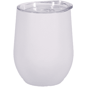 A drink bottle in a matte white finish with a clear lid and a rounded shape. It features a logo.