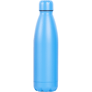 A drink bottle in a sleek light blue finish, featuring a smooth design and a cap, with a logo visible.