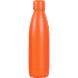 An orange drink bottle with a slim, tapered design and a black ring around the lid. It features a logo.