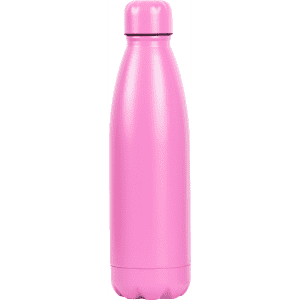 A drink bottle in bright pink with a sleek, rounded design and a cap. It features a logo on the surface.