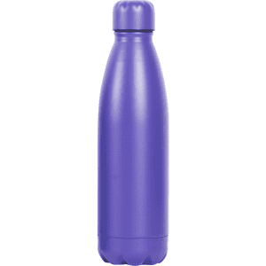 A drink bottle in a vibrant purple colour, featuring a sleek design and a secure lid. It has a logo on the side.
