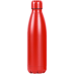 A drink bottle in a bright red colour with a sleek, slim design and a capped top, featuring a logo.