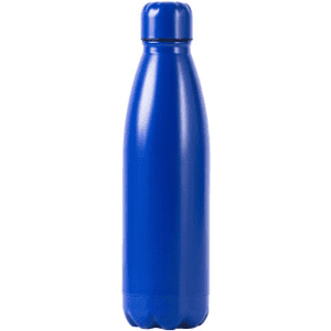 A drink bottle in a vibrant blue colour with a sleek, modern design and a rounded base.
