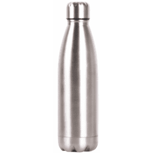 A drink bottle in a sleek stainless steel finish with a rounded top and a textured bottom. It features a logo.