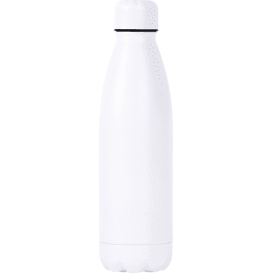 A drink bottle in a sleek white design with a black accent at the top, featuring a logo.