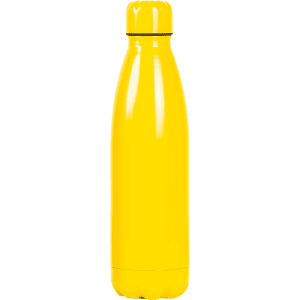 A drink bottle in bright yellow with a sleek, streamlined design and a logo on the side.