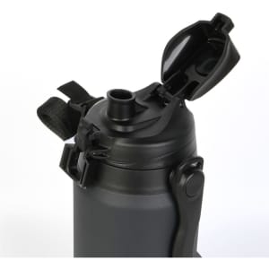 A drink bottle in matte black with a flip-top lid and a handle, featuring a logo.