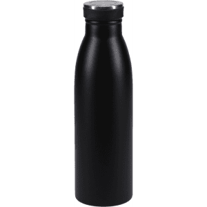 A drink bottle in sleek black with a stainless steel lid and a minimalist design.