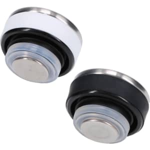 Two drink bottle lids, one white and one black, featuring metal accents and a rubber seal.