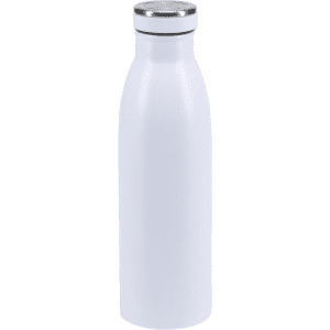 A drink bottle in sleek white with a metallic silver screw-on lid. It features a logo.