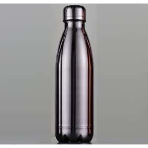 A drink bottle in a sleek, metallic silver finish with a rounded top and a narrow neck. It features a logo.