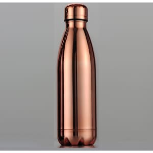 A drink bottle in a sleek, shiny copper finish with a round cap and a curved shape, featuring a logo.