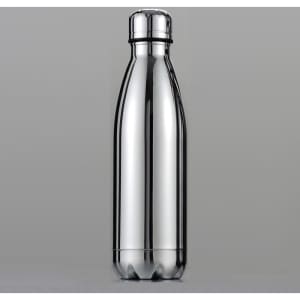 A drink bottle in a sleek silver finish with a rounded cap and a minimalist design. Features a branding logo.