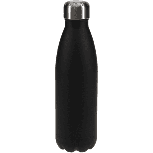 A drink bottle in matte black with a stainless steel cap. It features a sleek, curved design and a branding logo.