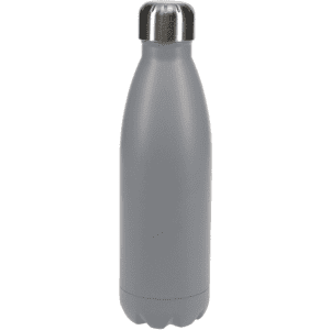A drink bottle in sleek grey with a stainless steel cap and a smooth, curved design.